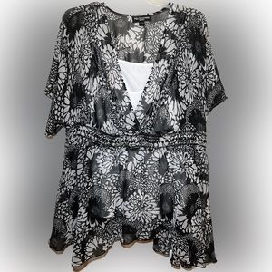 💥Mix Nouveau Women’s Blouse  Top Black Floral Lined Flowy Asymmetric Tunic 2X